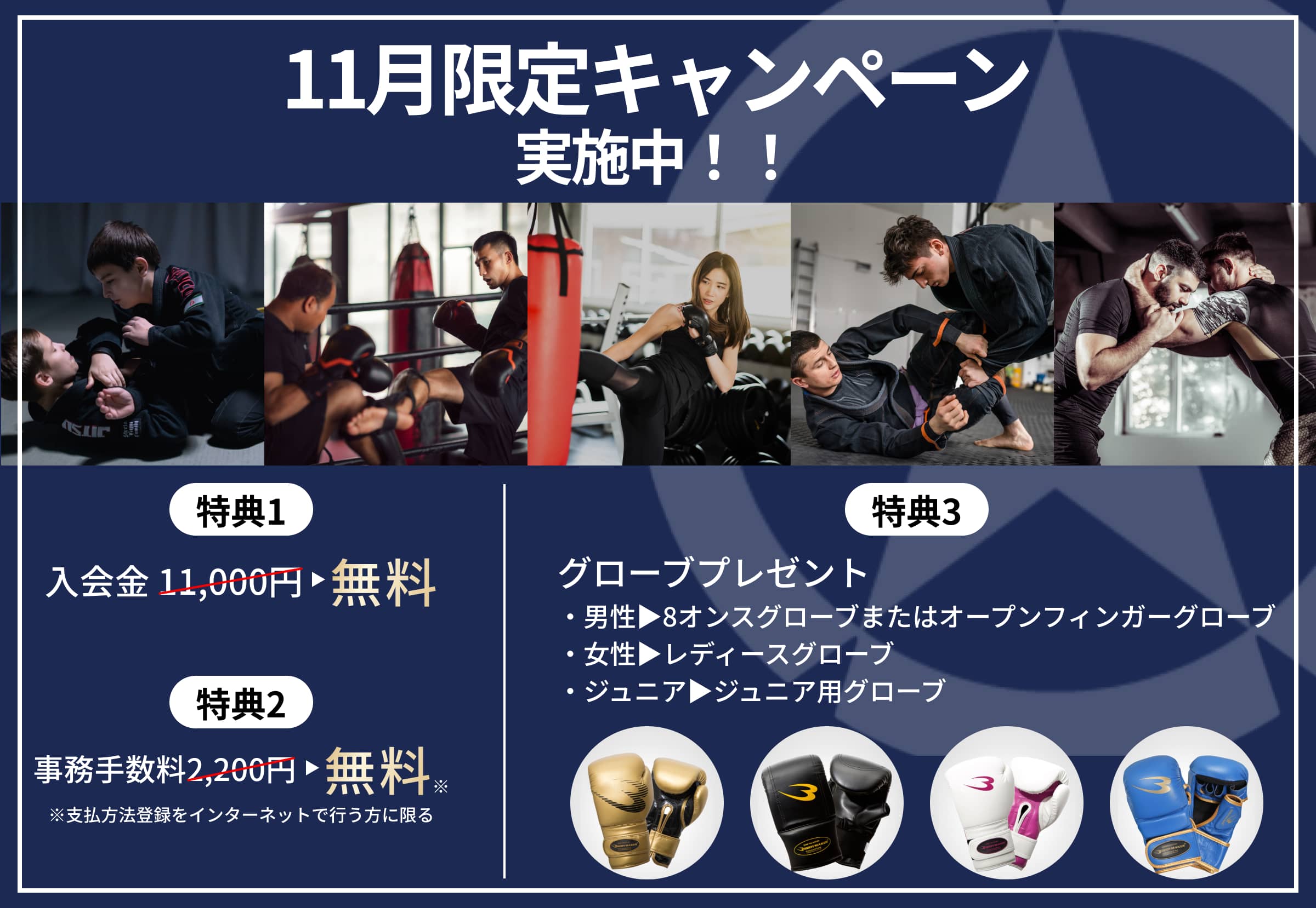 格闘技ジムのキャンペーンバナー。柔術・キックボクシングなどのトレーニング写真の上に「ホームページリニューアル記念キャンペーン」と書かれ、入会金と事務手数料が無料、さらにグローブがプレゼントされると案内されている。