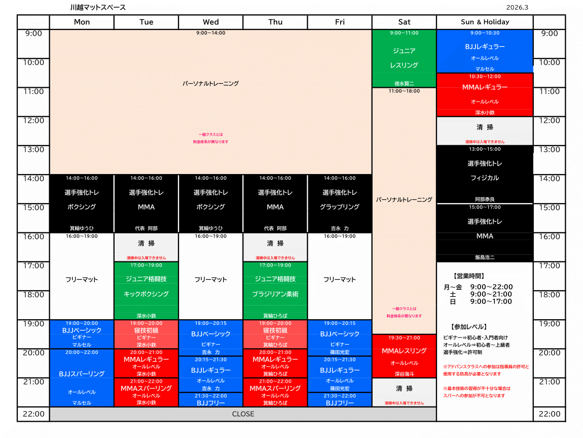 川越ジムのマットスペースの表