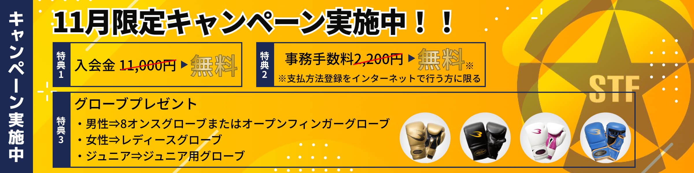 11月限定キャンペーン実施中。入会金11,000円と事務手数料2,200円が無料、さらにグローブプレゼント付きの格闘技ジムキャンペーンバナー